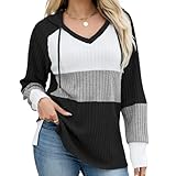 Quatrefox Hoodie Damen Pullover Kapuzenpullover Langarm Shirt Frauen Oberteile V-Ausschnitt Sweatshirt Farbblock Bluse Mit Kapuze Für Winter Frühling