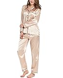 SWOMOG Satin Damen Schlafanzug mit Knopfleiste Langarm Nachtwäsche Pyjamas Set Zweiteiliger Nachtwäsche Hausanzug Champagner