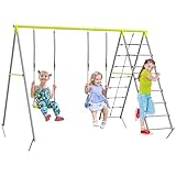 Outsunny Kinderschaukel-Set Schaukelgerüst aus Metall, Schaukelgestell mit Doppelschaukel, Kletternetz, Sprossenleiter, Gartenschaukel für Kinder 3-8 Jahre, Stahl, Grün