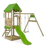 FATMOOSE Spielturm Klettergerüst FriendlyFrenzy Fun XXL mit Schaukel & apfelgrüner Rutsche, Outdoor Kinder Kletterturm mit Sandkasten, Leiter für den Garten