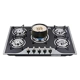 SOLOCJNL Gas Stove Gas Hob, 5 Burners Stainless Steel LPG/NG-Gas Stove 1/1.75/2.75/3 kw Built-in Stove für Kitchen, Indoor, Motorhome, Camping, 30x20in