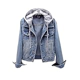 unilarinna Damen Jeansjacke Wascheffekt Bequeme Lange Ärmel mit Kapuze (Hüte abnehmbar) Kurz Vintage Denim Jacke Knopf Slim-Fit Premium Fleecejacke Damen mit Tasche übergangsjacke für Alltag