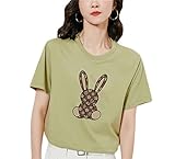 T-Shirt Damen Lose Bequem Mode Cartoon Kaninchen Druck Damen Oberteile Süß Datum Urlaub Damen Kurze Ärmel Sommer Neue Damen Tops H-Green XL