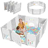 Dripex Laufstall Baby faltbar 150x150x62cm (14 Paneele) mit Spielboard, Laufgitter Baby, Kinderlaufstall & Babyzaun aus strapazierfähigem Plastik, Playpen für Innen & Außen, Grau