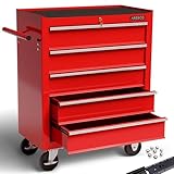Arebos Werkstattwagen 5 Fächer | Rollwagen zentral abschließbar | kugelgelagerte Schubladen inkl. Antirutschmatten | Werkzeugwagen fahrbar 2 Rollen mit Feststellbremse | Rot
