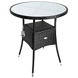 Casaria Polyrattan Gartentisch 60cm Rund 5mm Sicherheitsglas Höhenverstellbar 80kg Belastbarkeit Wetterfest Terrasse Balkon Beistelltisch Tisch Schwarz