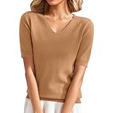 Huifuao Strickpullover für Damen, Stehkragen, Übergröße, Sommer, schlicht, elegant, Top, T-Shirt, schwarz, halbe Ärmel, Z02 Brown, XL