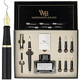 Wordsworth & Black Kalligraphie-Stift-Geschenkset, enthält Tintenflasche, 6 Tintenpatronen, Tintennachfüllkonverter, 6 Ersatzfedern, Premium-Paket, Journaling, glatte Schreibstifte [Schwarz Gold]