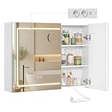 VASAGLE Kailyn Kollektion - Spiegelschrank mit Beleuchtung, Badezimmerschrank, Wandschrank, Steckdosenleiste, Entfogging-Funktion, 10x Vergrößerungsspiegel, modern, 16,5 x 80 x 60 cm, weiß BBK134W01