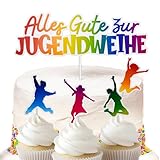 BETESSIN Jugendweihe Tortendeko Set Bunt - inkl. Alles Gute zur Jugendweihe Tortenstecker und 4 Cupcake Toppers - Papier Kuchendekoration für die Jugendliche zur Jugendweihe uvm.