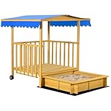 Outsunny Sandkasten mit Dach, Sandkiste aus Holz mit Spielhaus, 133 x 129 x 137,5 cm Sandbox mit Rollen für 3-8 Jahre Kinder, Garten, Natur