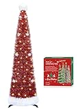 HMASYO Pop-Up-Weihnachtsbaum mit Timer-Lichtern, Lametta, roter Weihnachtsmützenbaum mit Schneeflocken-Ornamenten, zusammenklappbarer künstlicher Bleistiftbaum, Weihnachtsdekoration für Zuhause, Büro