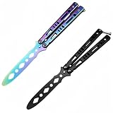 Lajiakoy® Butterfly Trainer 2 PCS, Butterfly Messer, Trainingsmesser Unbekannte Klinge, Stainless Steel Butterfly Kamm Practice Tool for Practicing Flipping Tricks(Schwarz, Bunt) (2 Stücke)