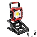 AuRiver Drehbare COB Arbeitsleuchte, Superhell Werkstattlampe mit Powerbank, Klemme, 4 Leuchtmodi baustrahler akku für Garage Werkstatt Baustelle Camping
