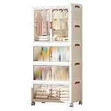 Tragbarer Kinder-Kleiderschrank mit transparenten Türen, faltbarer Kleiderschrank mit Kleiderstange, Kunststoffschrank auf Rädern, stehender Aufbewahrungsschrank für Schlafzimmer & Wohnzimmer