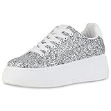 VAN HILL Damen Plateau Sneaker Keilabsatz Glitzer Trendy Schuhe 840510 213015 Silber 41