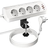 RIXGLEAM Tischsteckdose mit USB C PD 20W, Schreibtisch Steckdosenleiste 4 Fach mit Klemme, Mehrfachsteckdose Flachstecker mit Einzelsteuerung, Verlängerungskabel 2M Tisch- und Eckmontage, Weiß
