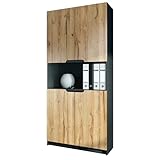 Vladon Büroschrank Logan V2, Made in Germany, Aktenschrank mit 5 Fächern und 4 Türen, Schwarz matt/Eiche Natur (82 x 184 x 37 cm)