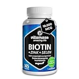 Biotin hochdosiert 10.000 mcg + Selen + Zink für Haarwuchs, Haut & Nägel, 365 vegane Tabletten für 1 Jahr, Nahrungsergänzung ohne Zusatzstoffe, Made in Germany