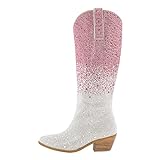 Only maker Westernstiefel mit Blockabsatz Weitschaft Stiefel Cowgirl Boots High Heels Farbverlauf Schuhe Strass Pink Rosa EU 43