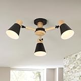 Schindora Deckenlampe Schwarz 3-Lichter,Holz Und Eisen Deckenleuchte Esstisch Ø55Cm E27 KüChe Lampe Verstellbare Licht Arme Modern Lampe Wohnzimmer For Home Schlafzimmer Esszimmer