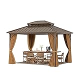 GOPLUS Gardenpavillon 3,54 x 2,94 m, Hardtop Pavillon wasserdicht & Winterfest, Garten Pavillon mit Doppeldach aus verzinktem Metall, Netz & Vorhang, für Terrasse, Garten, Deck, Rasen, Hinterhof
