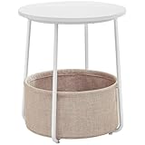 VASAGLE Kleiner Couchtisch, rund, Beistelltisch mit Stoffkorb, Aufbewahrung, für Wohnzimmer, Schlafzimmer, moderner Stil, Weiß matt und Kamelbraun, LET223W10