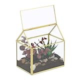 Relaxdays Pflanzenterrarium, Glas & Kupfer, HBT: 15x15x10 cm, Deko Glashaus Kakteen & Moos, Glaskasten Fensterbank, gold