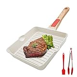 Bobikuke Grillpfanne 20x 20 cm, Steakpfanne Antihaft Beschichtet Aluminium Grill Pfanne mit zwei Ausgießern, Abnehmbarem Griff, Backofen und Spülmaschinenfest, Alle Herdarten (Weiß)