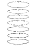 Adramata 7Pcs Ketten Armbander für Damen 14 Karat Vergoldet Armkette Twist Figaro Kettenarmbänder Verstellbar CZ Modeschmuck Set Silber Gold für Mädchen