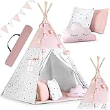 NUKIDO Kindertipi im Montessori-Stil Baumwolle und Holzrahmen mit Isoliermatte 3 Kissen Girlande Luftig 120x120x165 cm Rosa