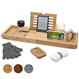 TEMPLE SPRING - Badewannenablage mit Kerzen-, Weinglas-, Buch-, Tablet-, iPad- und Telefonhalter. Badewannentablett ausziehbar, Holz, Bathtub Tray 100% Bambus (Naturholz)