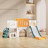 6 in 1 Kinderrutsche Indoor und Outdoor für ab 1-5 Jahr, Kinder Spielplatz mit Rutsche, 2 Plattform, 2 Bodenschrankfächern, Basketballkorb und Treppe, Gartenrutsche (Grün+Orange)