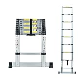 2,6M Teleskopleiter, Aluminium Rutschfester Klappleiter Stehleiter Mehrzweckleiter mit Stabilisator, 150 kg/330 Pfund Belastbarkeit Schwarz