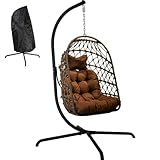 LKINBO Polyrattan Hängesessel mit Gestell Outdoor Indoor, Korb Hängestuhl Rattan Hanging Chair Wetterfest Hängeschaukel Gartenschaukel bis 195 kg, Braun