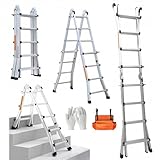 Hooha 5M Teleskopleiter 4x5 Multifunktionsleiter 4-in-1 Aluleiter Aluminium Klappleiter Giant Leiter Mehrzweckleiter mit Werkzeugtasche & Handschuhen Belastung 150KG