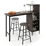 LIFEZEAL Bartisch Set, Tresentisch mit 2 Barhocker, Esstisch Stehtisch mit Weinglashalter & Ablage, Küchentheke Bistrotisch Industrie-Design, Stehtisch für Bar, Bistro & Wohnzimmer (Schwarz)