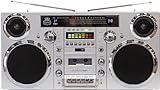 GPO Brooklyn 80er Jahre Style tragbare Boombox mit Kabelloser Bluetooth Lautsprecher, CD/Kassette Player, USB, UKW- und DAB+ Radio, Silber