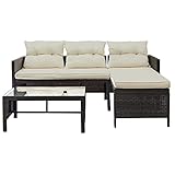3-teiliges Rattanmöbel-Set für den Außenbereich, bestehend aus 1 Sofa, 1 Lounge, 1 Couchtisch mit beigefarbenen Kissen