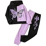 Amur Leopard Trainingsanzug Kinder Mädchen Jogginganzug 2tlg Sweatshirt mit Kapuze + Sporthose Sportanzug mit Schmetterlingsprint, Schwarz-Lila, 134-140 (Etikettengröße: 140)