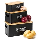 Otauoaea Kartoffel Aufbewahrungsbox - Vorratsdose 3er Set - Kartoffeln, Zwiebeln und Knoblauch Aufbewahrung - Hält Gemüse Länger Frisch - Kartoffeltopf Zwiebeltopf und Knoblauchtopf - Schwarz