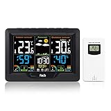 FanJu FJ3383C Wetterstation Funk mit Außensensor, Digital Farbdisplay Innen und Außen Thermometer Hygrometer, Funkwetterstation mit Wettervorhersage, Barometer und Temperaturwarnung (Black)