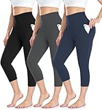 ACTINPUT Capri Leggings Damen 3/4 Caprihose High Waist Schwarz Sport Leggins mit Taschen Elastische Blickdicht Yogahose Sporthose Laufhose Sommer Große Größen Leggings(Schwarz/Dunkelgrau/Navy,L-XL)