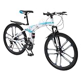 26 Zoll Mountainbiken 21-Gang faltbares Mountainbike, Mountainbike für Jugendliche Erwachsene, mechanische Scheibenbremse Mountainbike für Berg, Autobahn, Land (Weiß, Blau)