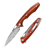 SDOKEDC Damast Taschenmesser mit Clip, Damastmesser Klappmesser Holzgriff, Scharfes EDC Survival Messer für Männer, Camping Angeln Bushcraft Rettungsmesser