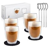 Zobel Latte Macchiato Gläser 350ml | 4er Set doppelwandige Kaffeegläser aus Borosilikatglas inkl. Untersetzer & Löffel | Spülmaschinenfest & hitzebeständig