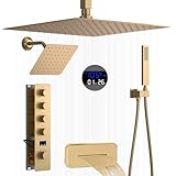 WHSHOWER Gebürstetes Gold Decke Thermostat-Regenduschsystem Ganzkörper-Duschsystem mit 12 & 8 Zoll Oberdusche Temperaturanzeige Duschset mit Handbrause und Wasserfallwannenauslauf