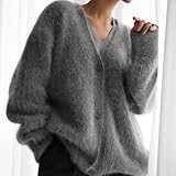 HESYSUAN Luxuriöser Kaschmir-Cardigan für Damen, flauschiger Strickjacke, Pullover, Plüsch, V-Ausschnitt, offene Vorderseite, Knopf, Pulloverjacken