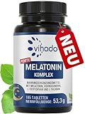 Vihado Melatonin Tabletten hochdosiert - 370 Nächte FORTE Komplex vegan - Rein ohne Zusätze - Plus L-Theanin, L-Tryptophan, Ashwagandha, 185 Tabletten,Melatonin,1