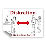 Aufkleber Diskretion - Bitte Abstand halten! Warnhinweis UV-beständig & wasserfestes PVC - 300x195 mm - auch für Außen (rot)